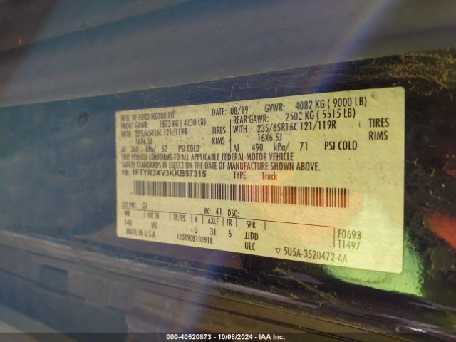 1FTYR3XV3KKB57315 Ford Transit-250