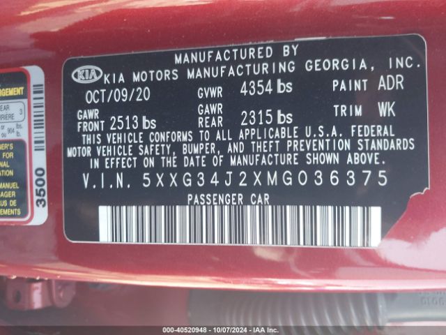 5XXG34J2XMG036375 KIA K5 EX