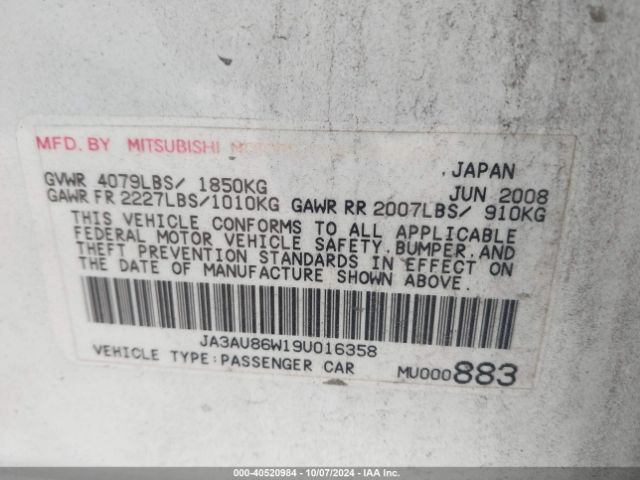 2009 MITSUBISHI LANCER JA3AU86W19U016358 Photo 8