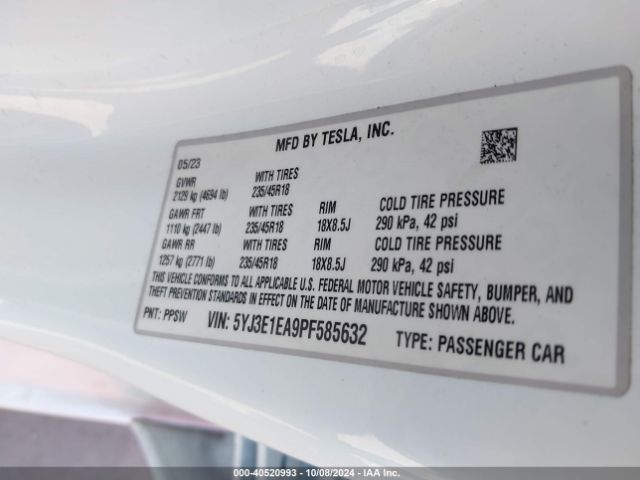 5YJ3E1EA9PF585632 Tesla Model 3 Rear-wheel Drive