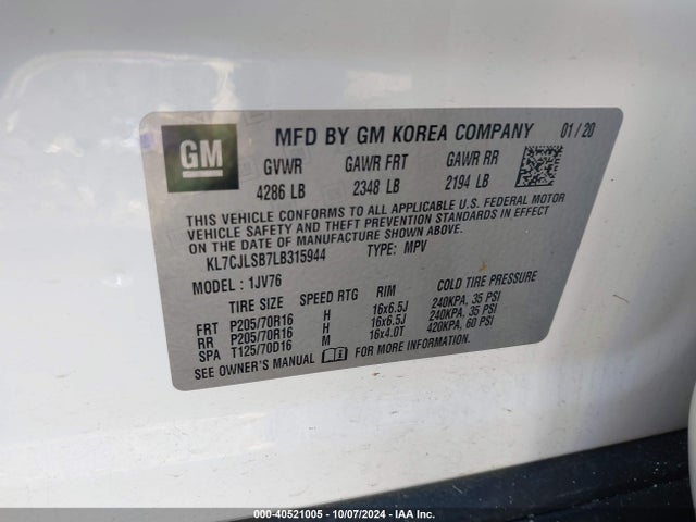 Chevrolet Trax Fwd Lt 2020 KL7CJLSB7LB315944 Image 9