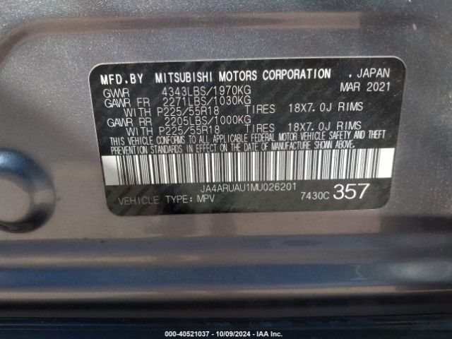 JA4ARUAU1MU026201 Mitsubishi Outlander Sport 2.0 Be /2.0 Es /2.0 Le /2.0 Se