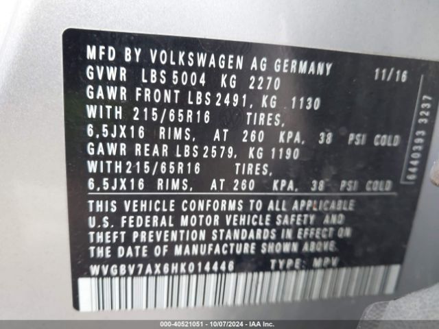 WVGBV7AX6HK014446 Volkswagen Tiguan 2.0t/2.0t S