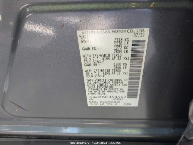 5N1AZ2MJ5KN154567 Nissan MURANO S