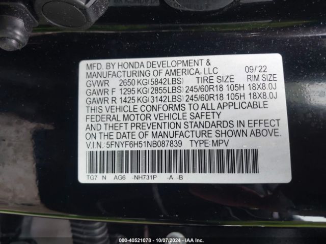 5FNYF6H51NB087839 Honda Pilot Awd Ex-l
