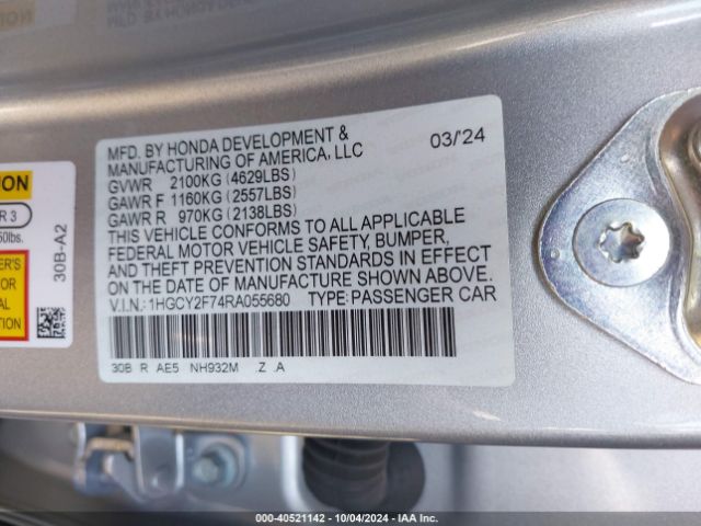 1HGCY2F74RA055680 Honda Accord Hybrid Sport-l