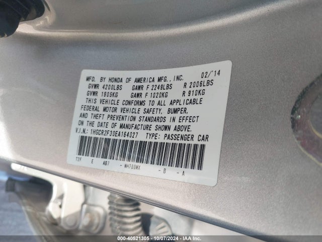 Honda ACCORD LX 2014 1HGCR2F30EA164027 Image 9