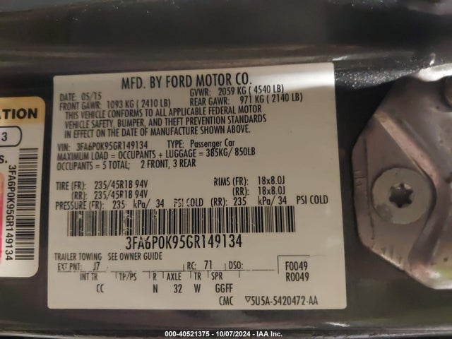Ford Fusion Titanium 2016 3FA6P0K95GR149134 Image 9