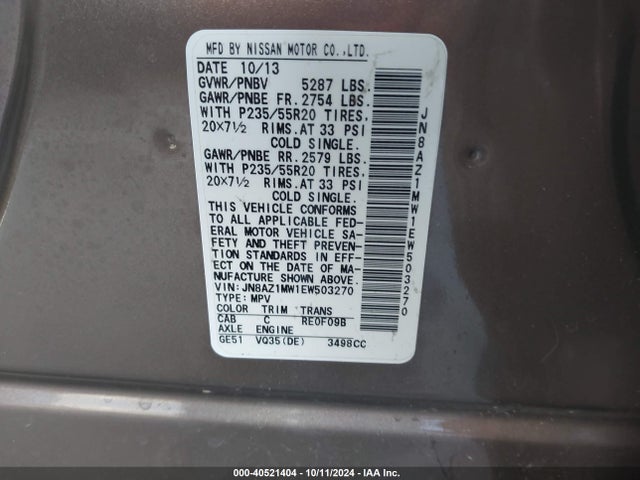 Nissan Murano Le 2014 JN8AZ1MW1EW503270 Image 9