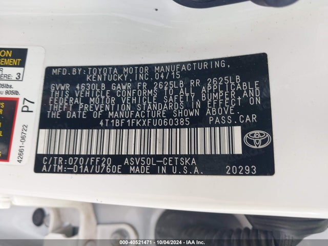 Toyota CAMRY SE 2015 4T1BF1FKXFU060385 Image 9
