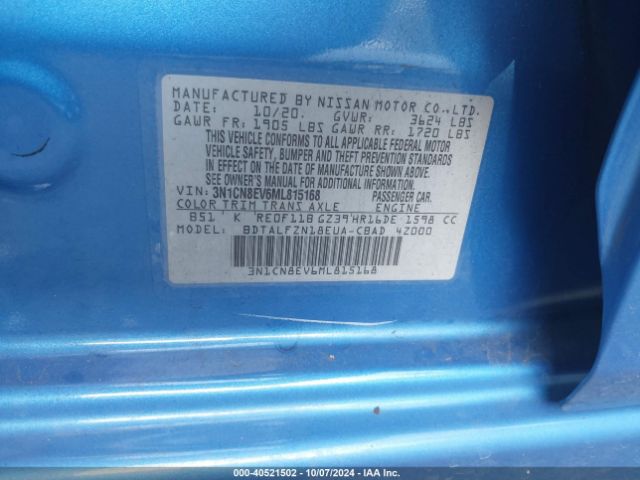 3N1CN8EV6ML815168 Nissan Versa Sv Xtronic Cvt