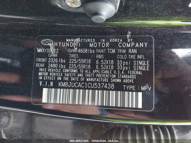 Продажа на аукционе авто 2012 Hyundai Tucson Limited, vin: KM8JUCAC1CU537438, номер лота: 40521520