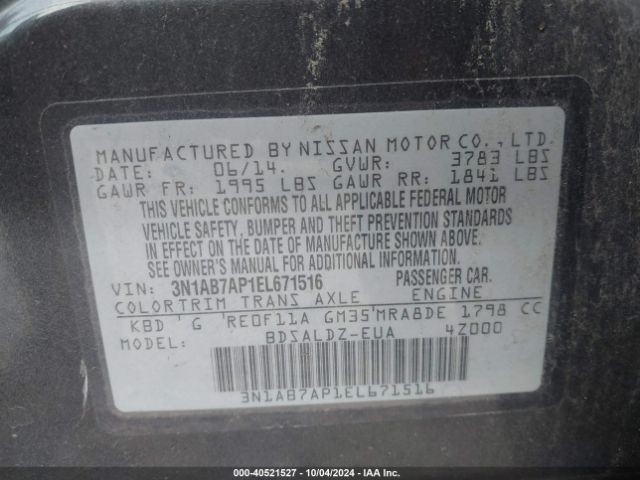 3N1AB7AP1EL671516 Nissan Sentra Fe+ S/fe+ Sv/s/sl/sr/sv