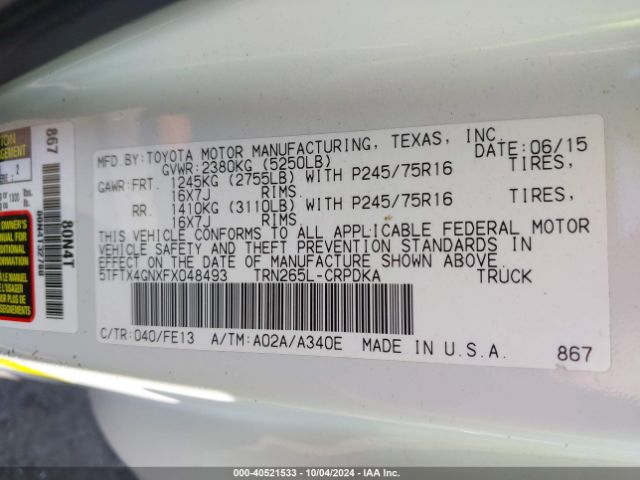 5TFTX4GNXFX048493 Toyota Tacoma Prerunner
