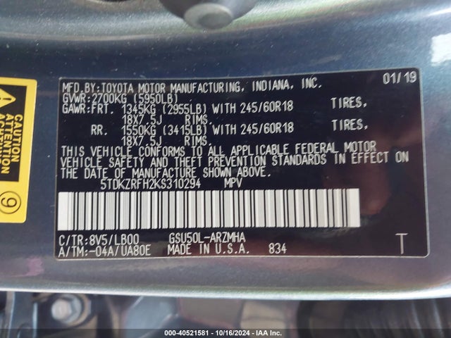 Toyota Highlander Xle 2019 5TDKZRFH2KS310294 Image 9