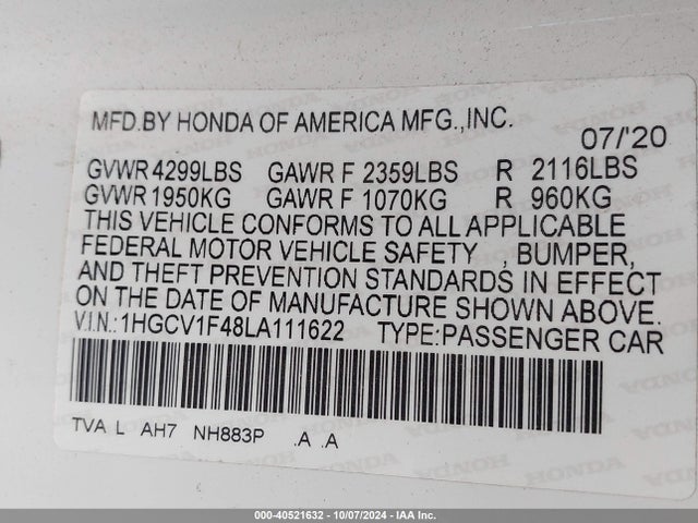 Honda ACCORD EX 2020 1HGCV1F48LA111622 Image 9