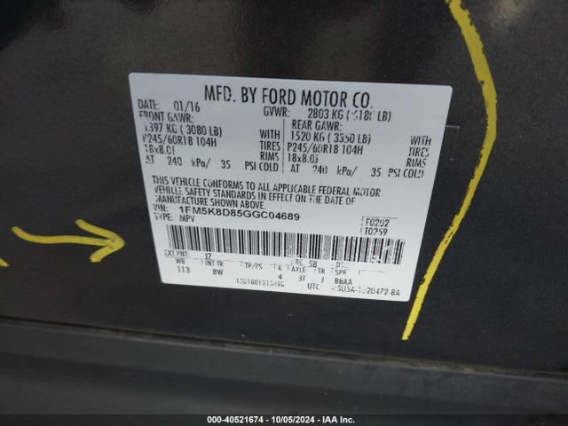 Ford EXPLORER XLT 2016 1FM5K8D85GGC04689 Image 9