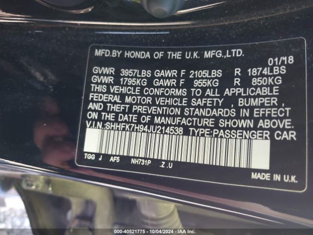 SHHFK7H94JU214538 Honda Civic Sport Touring
