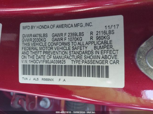 1HGCV1F90JA039825 Honda Accord Touring
