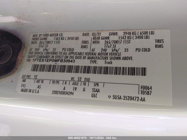 1FTEX1EP0MFB30943 Ford F-150 Xl