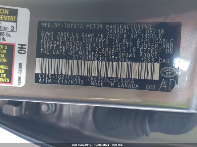 2T1BURHE0KC157344 Toyota COROLLA SE