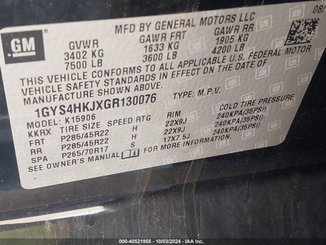 1GYS4HKJXGR130076 Cadillac Escalade Esv Luxury Collection