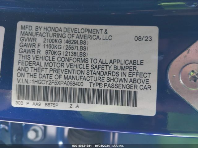 1HGCY2F5XPA068400 Honda Accord Hybrid Sport