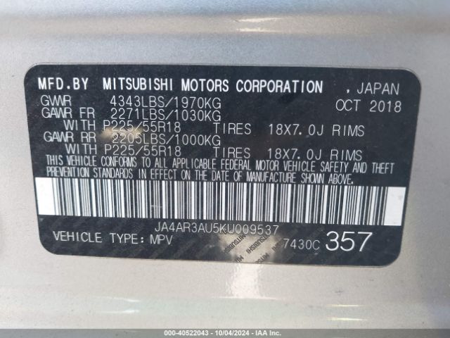 2019 MITSUBISHI OUTLANDER SPORT JA4AR3AU5KU009537 Photo 8