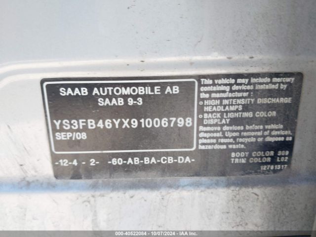 2009 SAAB 9-3 YS3FB46YX91006798 Photo 8