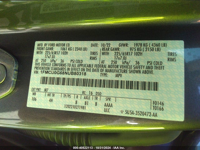 Ford ESCAPE SE 2022 1FMCU0G68NUB80318 Image 9