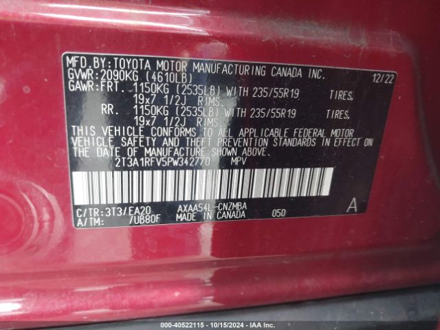 2T3A1RFV5PW342770 Toyota Rav4 Xle Premium