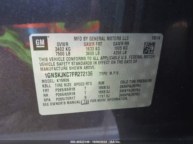 Chevrolet Suburban 1500 Lt 2015 1GNSKJKC7FR272136 Image 9