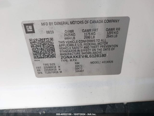 2GNAXKEV4L6128180 Chevrolet Equinox Fwd Lt 1.5l Turbo