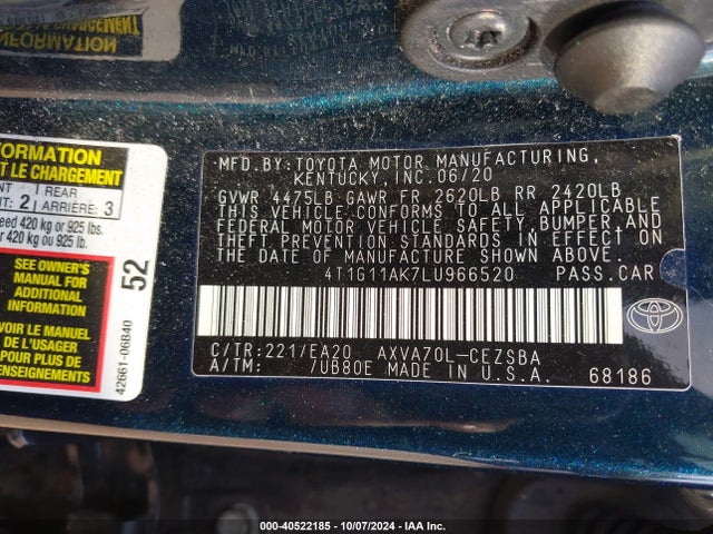 Toyota CAMRY SE 2020 4T1G11AK7LU966520 Image 9