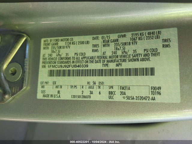 Ford Escape Titanium 2015 1FMCU9J92FUB40339 Image 9