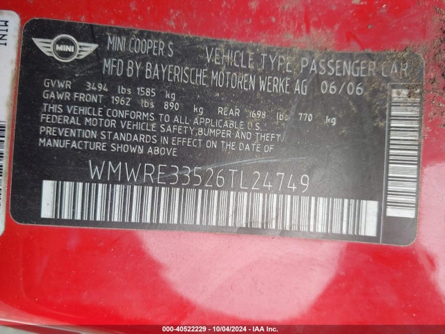 2006 MINI COOPER S WMWRE33526TL24749 Photo 8