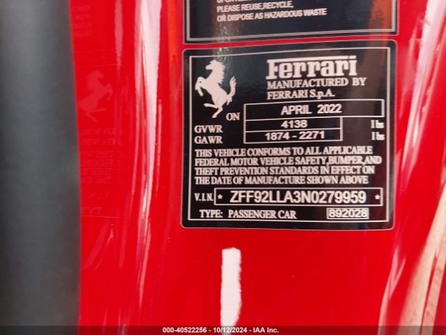 2022 FERRARI F8 TRIBUTO ZFF92LLA3N0279959 Photo 8