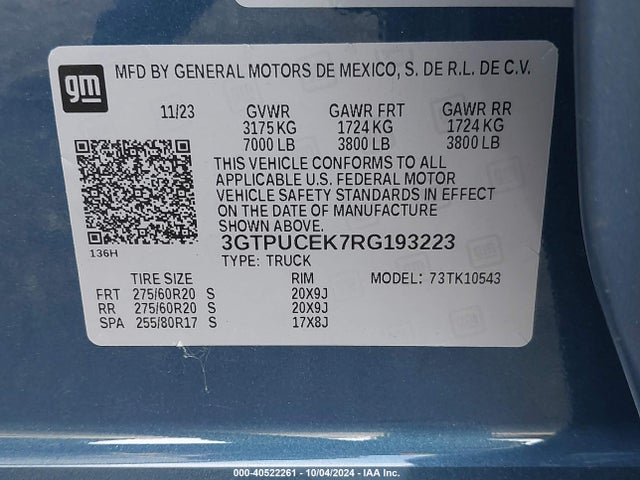 3GTPUCEK7RG193223 GMC Sierra 1500 4wd  Short Box Elevation With 3sb