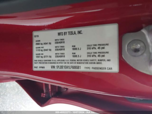 5YJ3E1EA1LF606581 Tesla Model 3 Standard Range Plus Rear-wheel Drive/standard Range Rear-wheel Drive