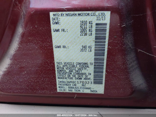 Nissan Altima 2.5 S 2014 1N4AL3APXEC170323 Image 9