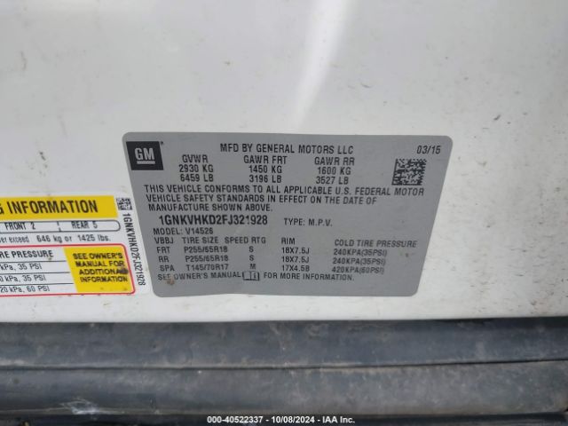 1GNKVHKD2FJ321928 Chevrolet Traverse 2lt
