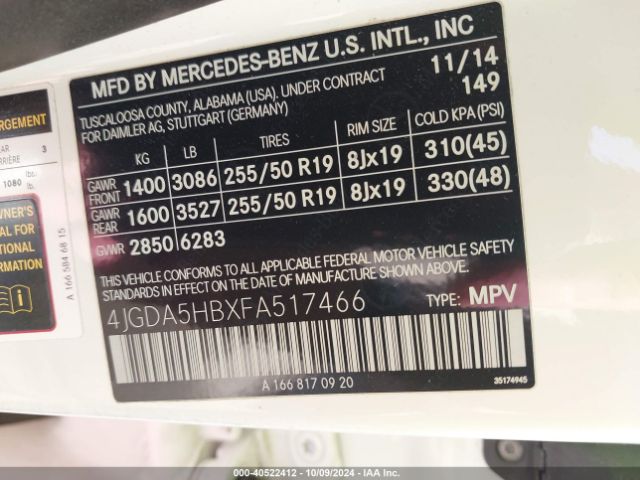 4JGDA5HBXFA517466 Mercedes-Benz Ml 350 4matic