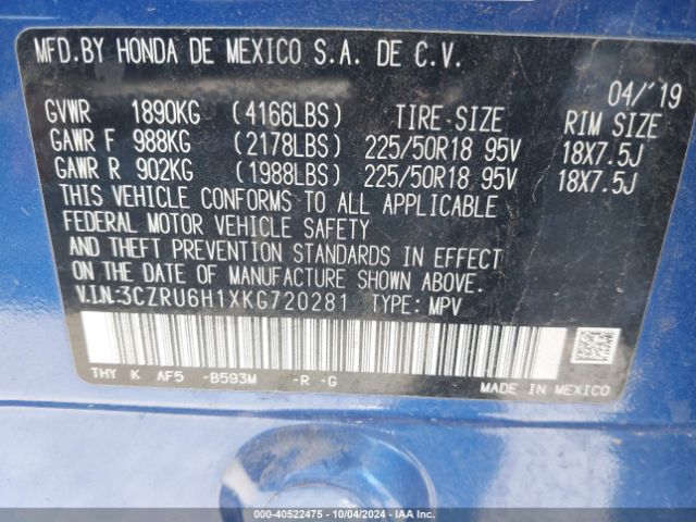 3CZRU6H1XKG720281 Honda HR-V SPORT