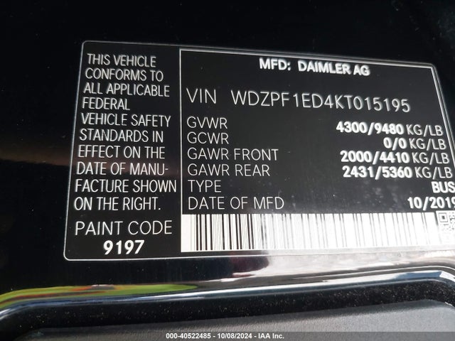 WDZPF1ED4KT015195 Mercedes-Benz Sprinter 2500 High Roof I4