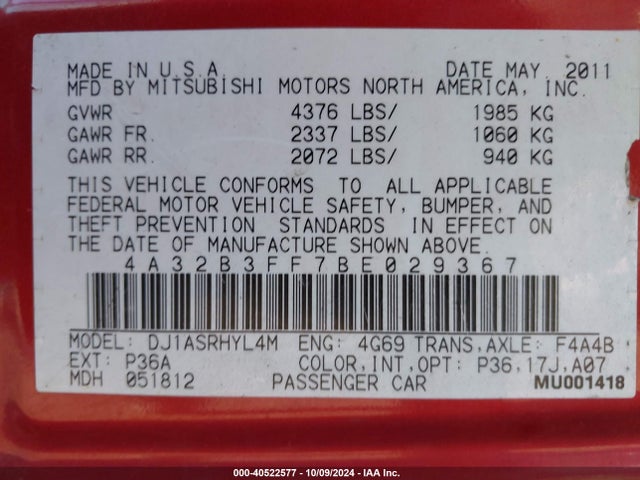 2011 MITSUBISHI GALANT 4A32B3FF7BE029367 Photo 8