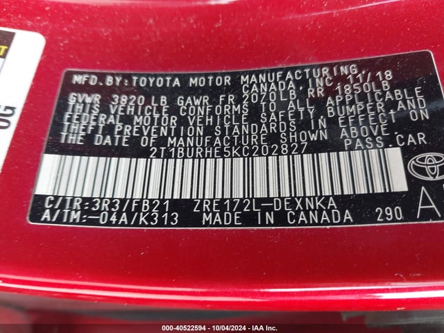Toyota COROLLA LE 2019 2T1BURHE5KC202827 Image 9