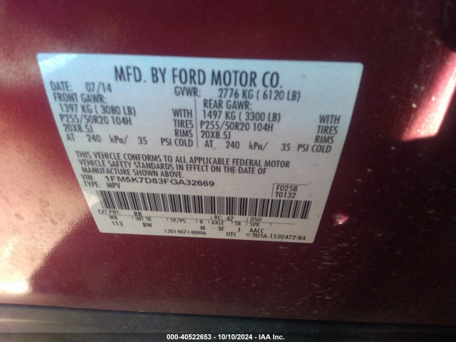 Ford EXPLORER XLT 2015 1FM5K7D83FGA32669 Image 8