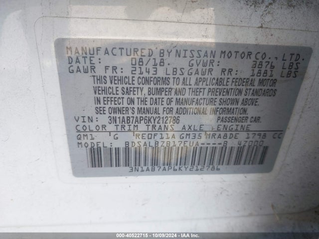 Nissan SENTRA S 2019 3N1AB7AP6KY212786 Image 9