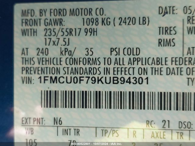 1FMCU0F79KUB94301 Ford ESCAPE S
