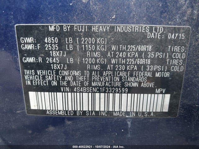 4S4BSENC1F3329599 Subaru Outback 3.6r Limited